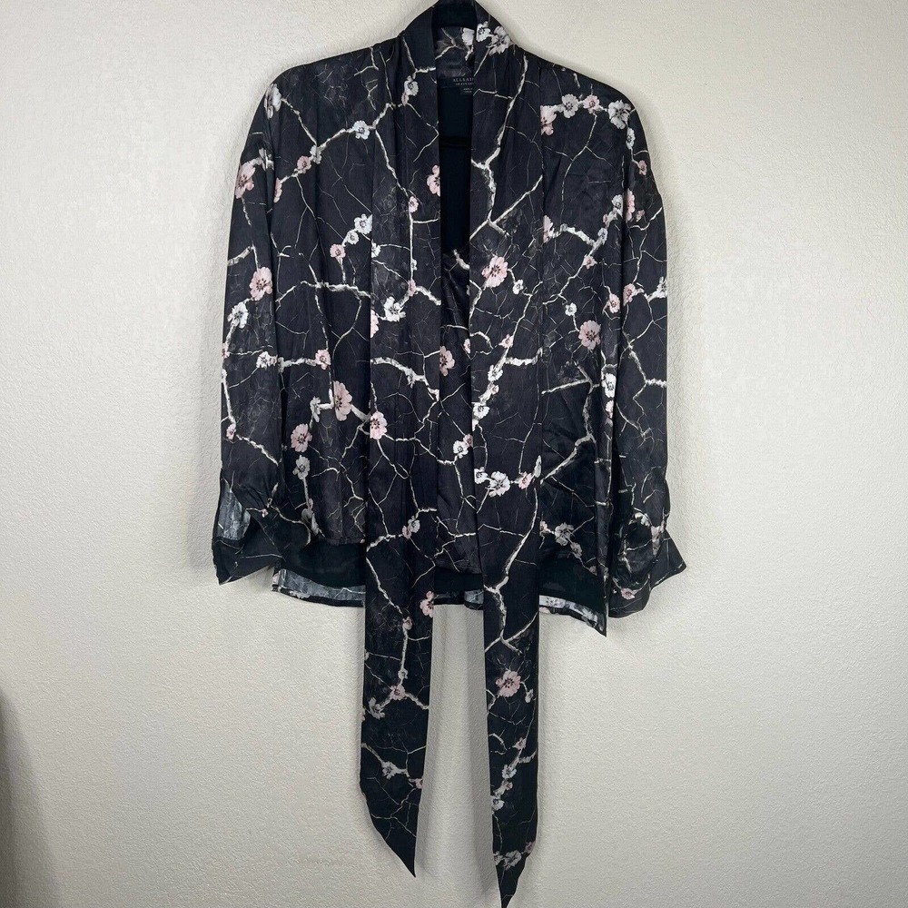 AllSaints Cesey Hope Top US Size 4 Black Floral Long Sleeves Silk Blend Tie Neck